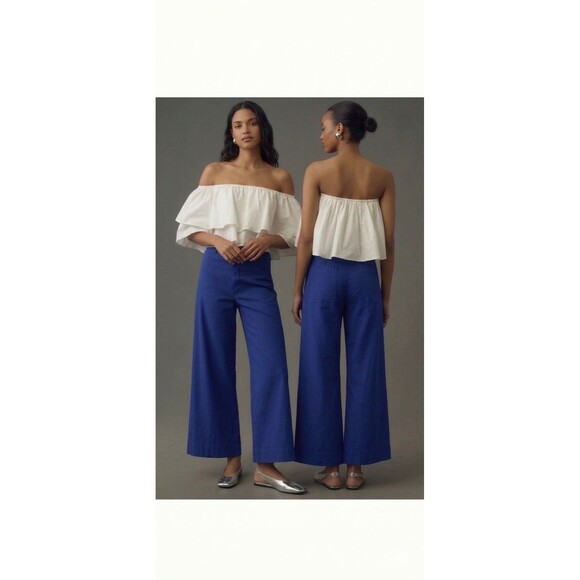 Maeve Pants - Maeve Pants Womens 27 Blue Linen Cropped Wide Leg Zip Pockets Relaxed Fit Ettie‎